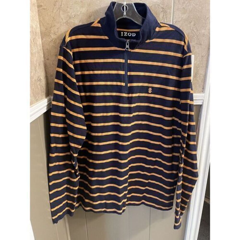 Izod Men's Pullover 1/4 Zip Navy With Yellow‎ Stripes Size Large
